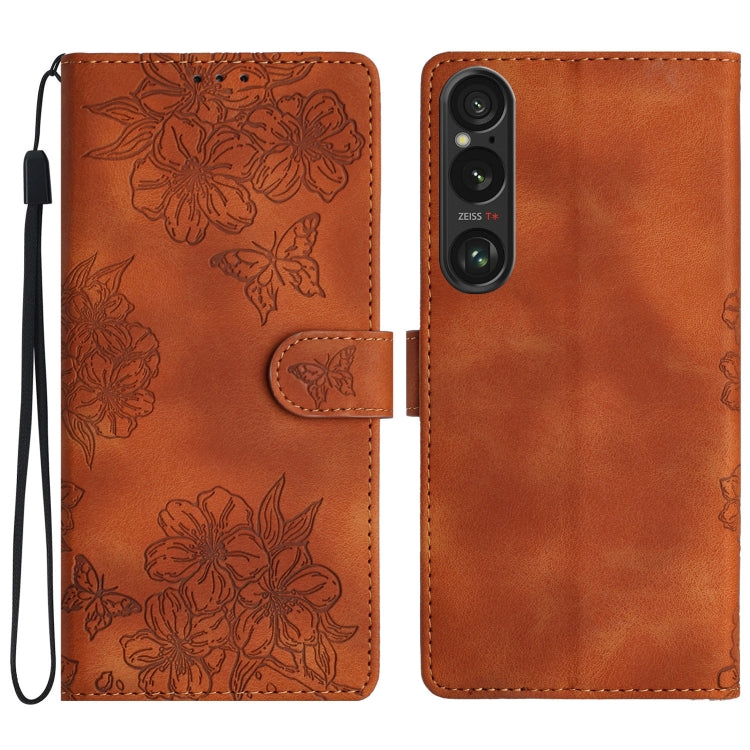 Cherry Blossom Butterfly Skin Feel Embossed PU Phone Case, For Sony Xperia 10 VI, For Sony Xperia 1 VI, For Sony Xperia 1 V, For Sony Xperia 10 V