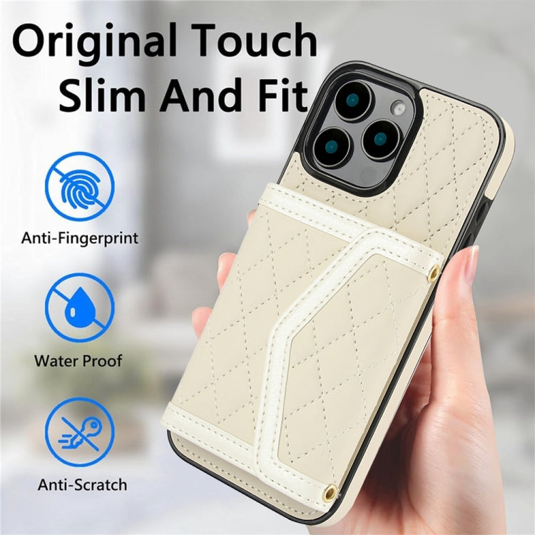 Splicing Rhombic Texture Card Bag Phone Case with Long Lanyard, For iPhone 16 Pro Max, For iPhone 16 Pro, For iPhone 16 Plus, For iPhone 16, For iPhone 15 Pro Max, For iPhone 15 Pro