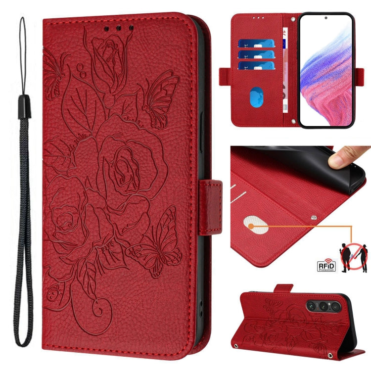 Embossed Rose RFID Anti-theft Leather Phone Case, For Sony Xperia 10 VI, For Sony Xperia 1 VI, For Sony Xperia 5 VI, For Sony Xperia 5 V, For Sony Xperia 1 V