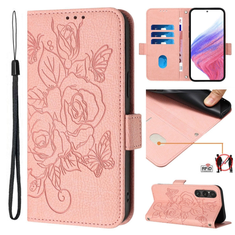 Embossed Rose RFID Anti-theft Leather Phone Case, For Sony Xperia 10 VI, For Sony Xperia 1 VI, For Sony Xperia 5 VI, For Sony Xperia 5 V, For Sony Xperia 1 V