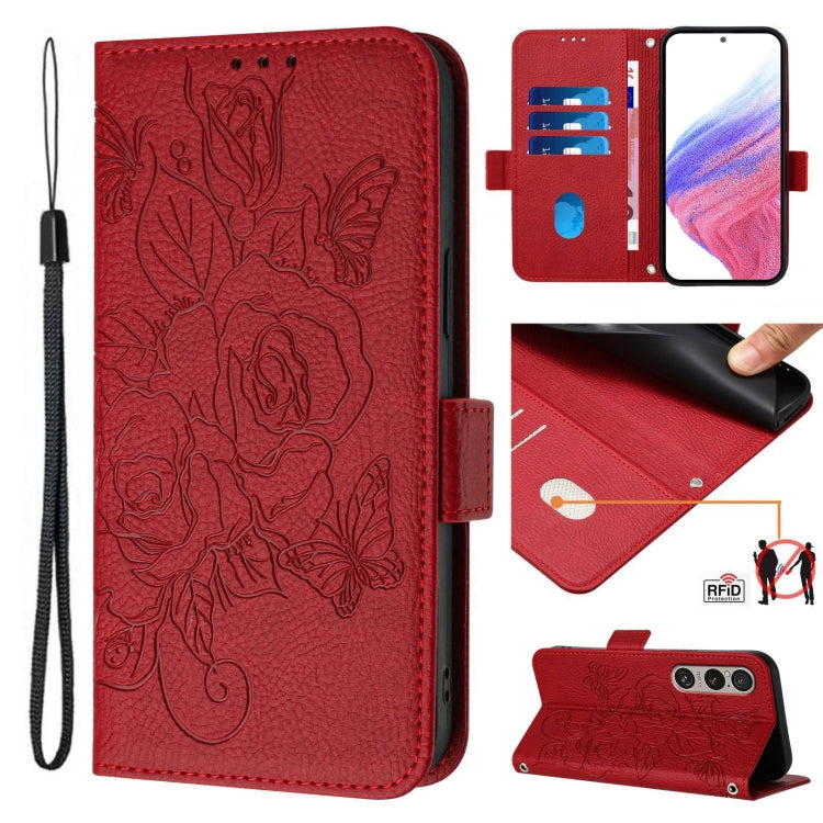 Embossed Rose RFID Anti-theft Leather Phone Case, For Sony Xperia 10 VI, For Sony Xperia 1 VI, For Sony Xperia 5 VI, For Sony Xperia 5 V, For Sony Xperia 1 V