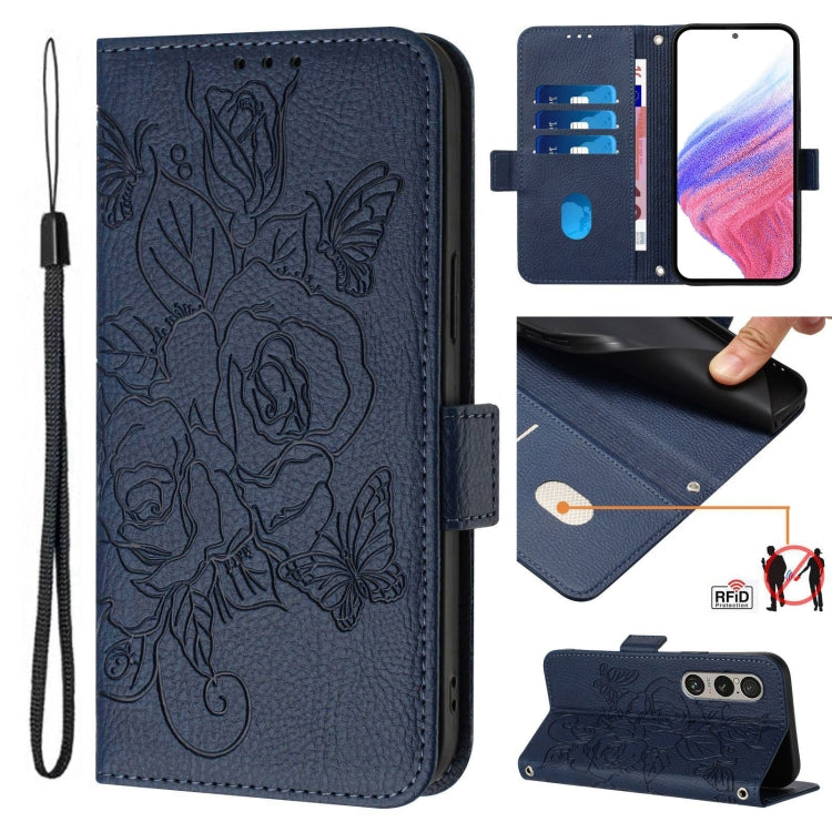 Embossed Rose RFID Anti-theft Leather Phone Case, For Sony Xperia 10 VI, For Sony Xperia 1 VI, For Sony Xperia 5 VI, For Sony Xperia 5 V, For Sony Xperia 1 V