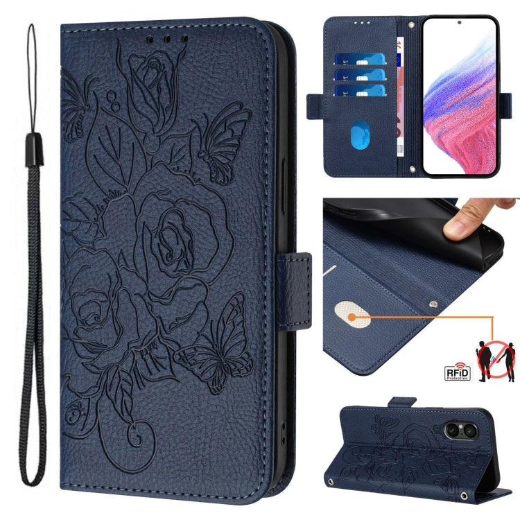 Embossed Rose RFID Anti-theft Leather Phone Case, For Sony Xperia 10 VI, For Sony Xperia 1 VI, For Sony Xperia 5 VI, For Sony Xperia 5 V, For Sony Xperia 1 V