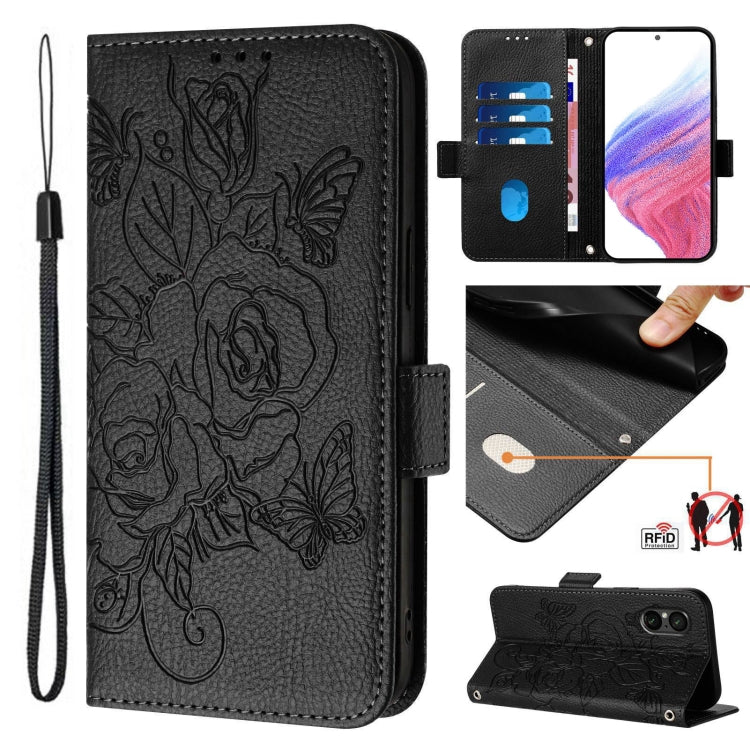 Embossed Rose RFID Anti-theft Leather Phone Case, For Sony Xperia 10 VI, For Sony Xperia 1 VI, For Sony Xperia 5 VI, For Sony Xperia 5 V, For Sony Xperia 1 V