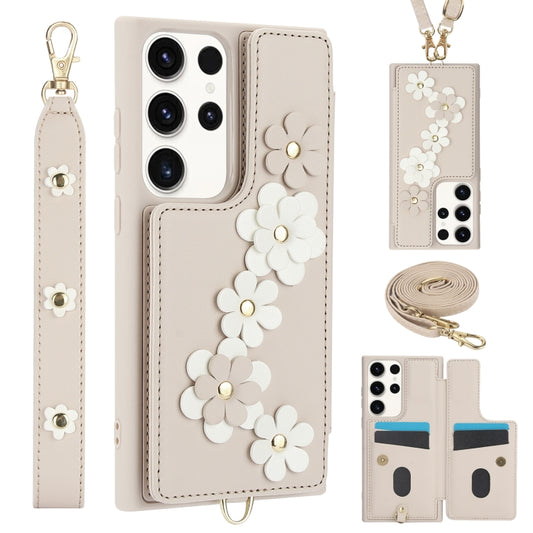 Crossbody Flower Pattern Leather Phone Case, For Samsung Galaxy S22 Ultra 5G, For Samsung Galaxy S22+ 5G