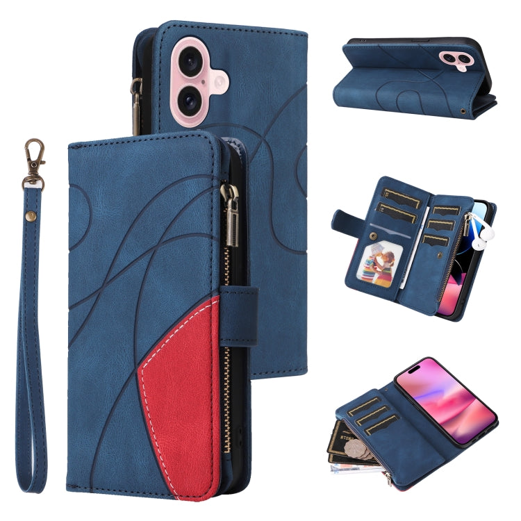 Dual-color 9 Card Slots Zipper Wallet Leather Phone Case, For iPhone 16