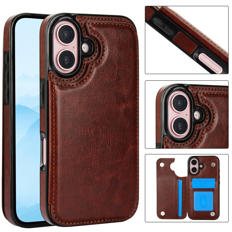 Double Buckle Crazy Horse Texture PU Phone Case, For iPhone 16 Pro Max, For iPhone 16 Pro, For iPhone 16 Plus, For iPhone 16