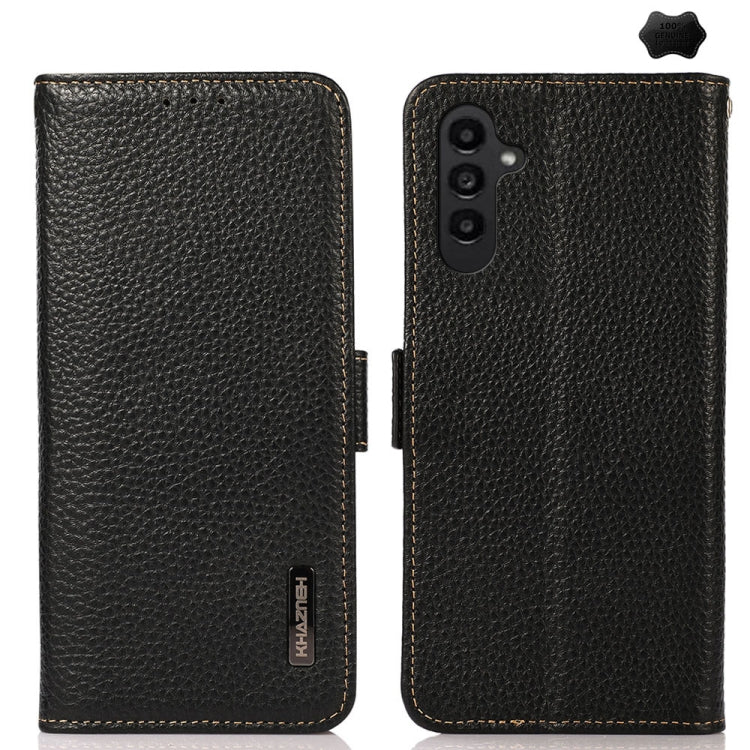 KHAZNEH Side-Magnetic Litchi Genuine Leather RFID Phone Case, For Samsung Galaxy S25 Ultra 5G, For Samsung Galaxy S24 FE 5G