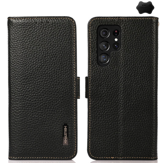 KHAZNEH Side-Magnetic Litchi Genuine Leather RFID Phone Case, For Samsung Galaxy S25 Ultra 5G, For Samsung Galaxy S24 FE 5G