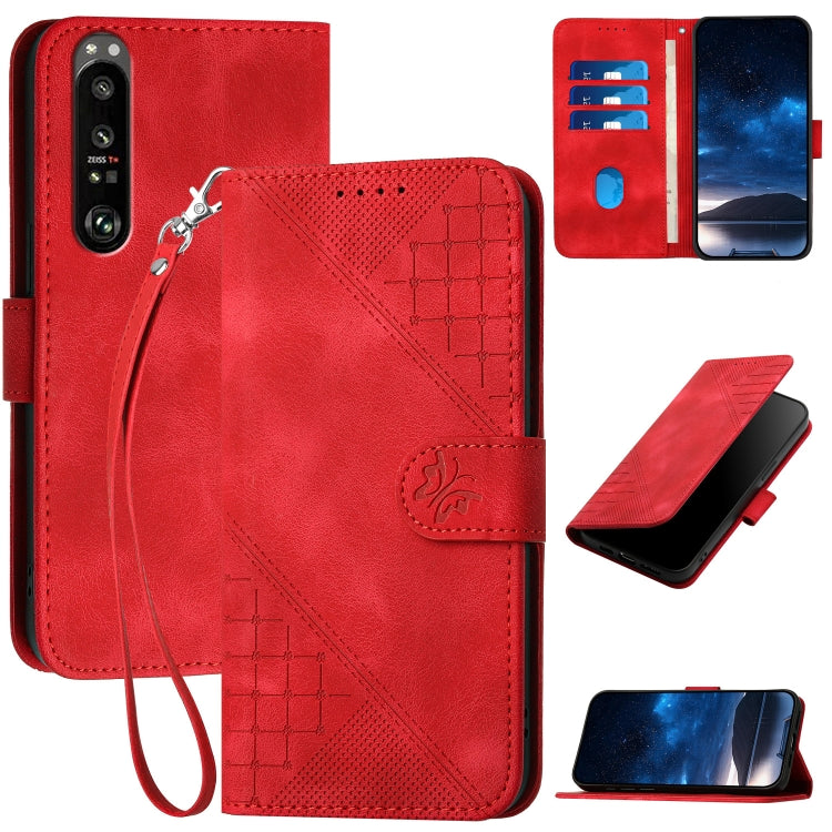 YX0080 Grid Butterfly Embossed Pattern Flip Leather Phone Case with Lanyard, For Sony Xperia 1 III