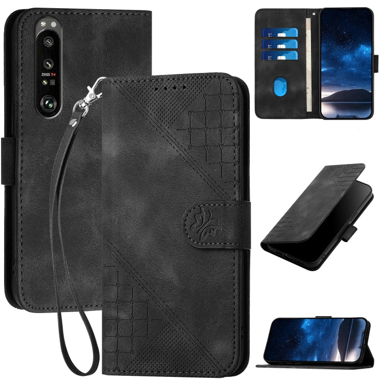 YX0080 Grid Butterfly Embossed Pattern Flip Leather Phone Case with Lanyard, For Sony Xperia 1 III