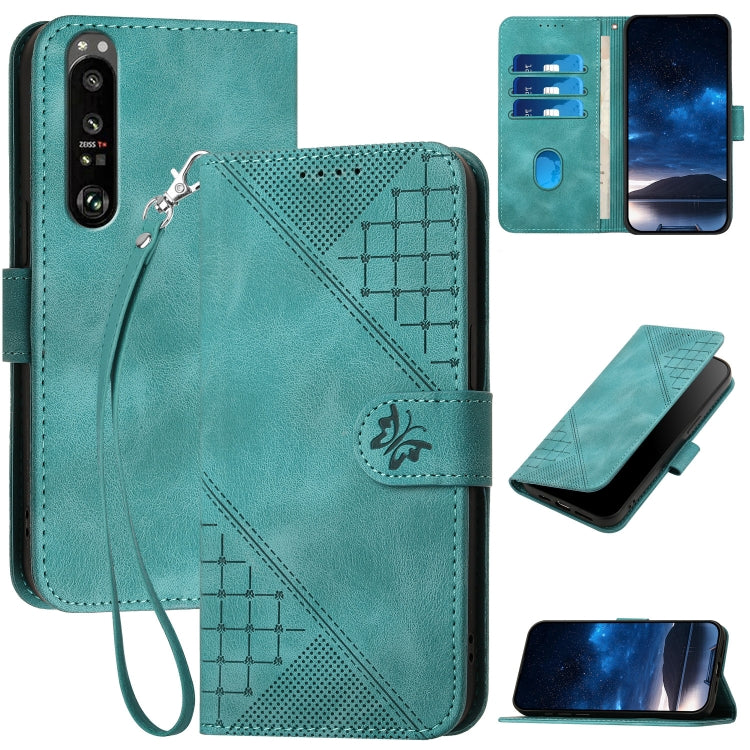 YX0080 Grid Butterfly Embossed Pattern Flip Leather Phone Case with Lanyard, For Sony Xperia 1 III