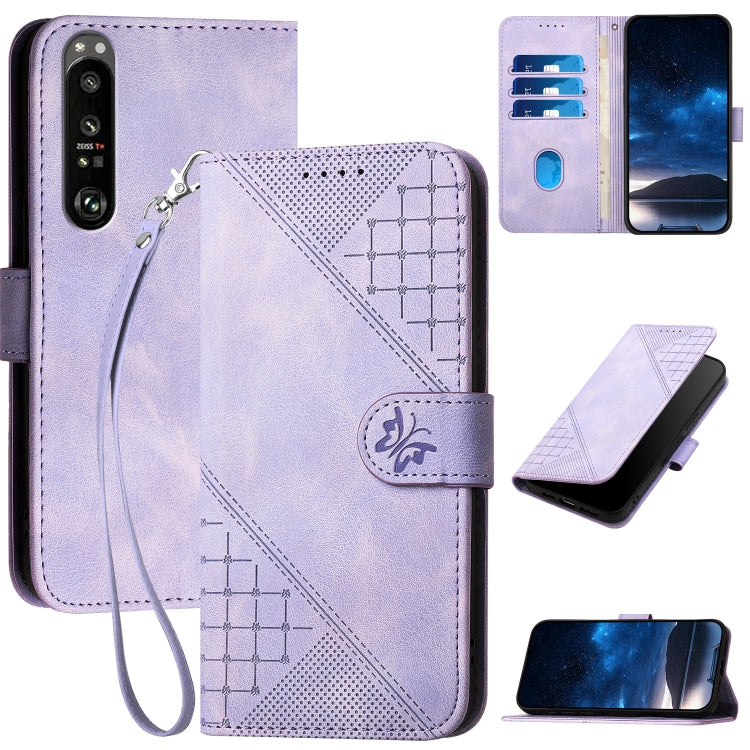 YX0080 Grid Butterfly Embossed Pattern Flip Leather Phone Case with Lanyard, For Sony Xperia 1 III