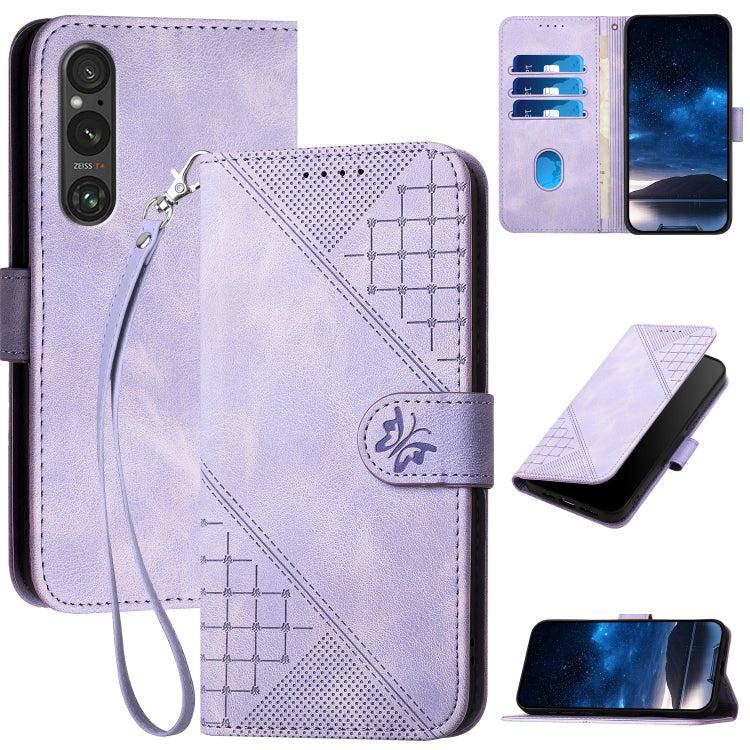 YX0080 Grid Butterfly Embossed Pattern Flip Leather Phone Case with Lanyard, For Sony Xperia 10 VI, For Sony Xperia 1 VI 2024, For Sony Xperia 1 V 2023, For Sony Xperia 10 V 2023, For Sony Xperia 5 IV