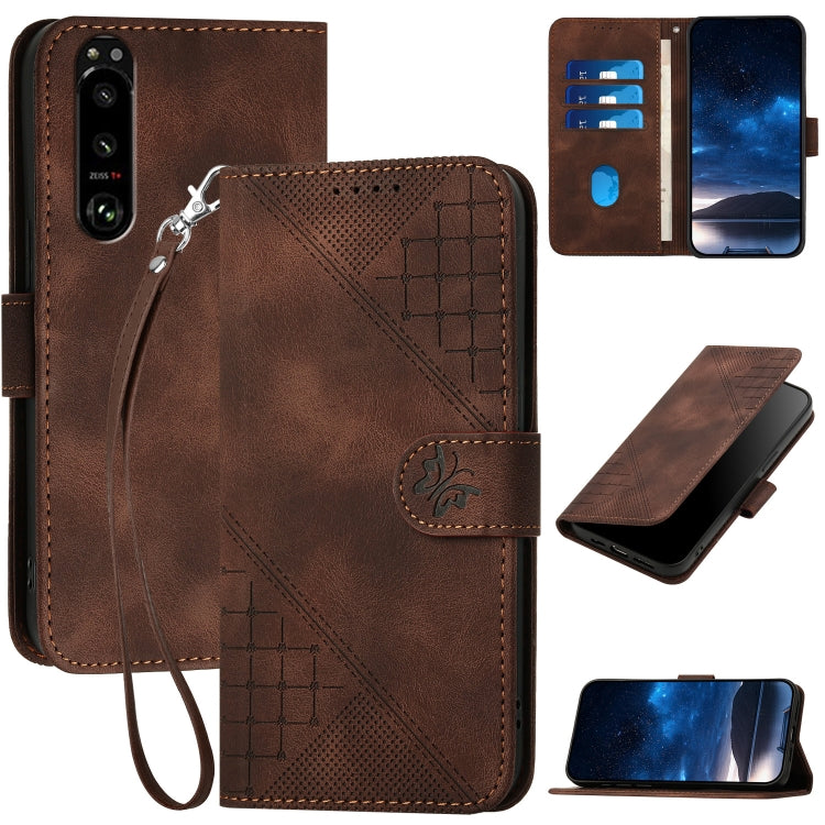 YX0080 Grid Butterfly Embossed Pattern Flip Leather Phone Case with Lanyard, For Sony Xperia Ace III, For Sony Xperia 1 IV, For Sony Xperia 10 IV, For Sony Xperia 5 III, For Sony Xperia 10 III