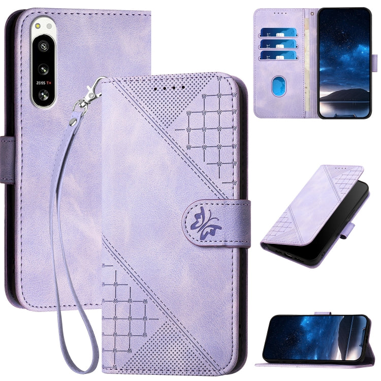 YX0080 Grid Butterfly Embossed Pattern Flip Leather Phone Case with Lanyard, For Sony Xperia 10 VI, For Sony Xperia 1 VI 2024, For Sony Xperia 1 V 2023, For Sony Xperia 10 V 2023, For Sony Xperia 5 IV