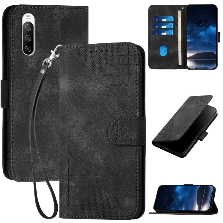 YX0080 Grid Butterfly Embossed Pattern Flip Leather Phone Case with Lanyard, For Sony Xperia Ace III, For Sony Xperia 1 IV, For Sony Xperia 10 IV, For Sony Xperia 5 III, For Sony Xperia 10 III