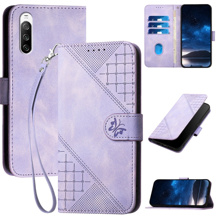 YX0080 Grid Butterfly Embossed Pattern Flip Leather Phone Case with Lanyard, For Sony Xperia Ace III, For Sony Xperia 1 IV, For Sony Xperia 10 IV, For Sony Xperia 5 III, For Sony Xperia 10 III