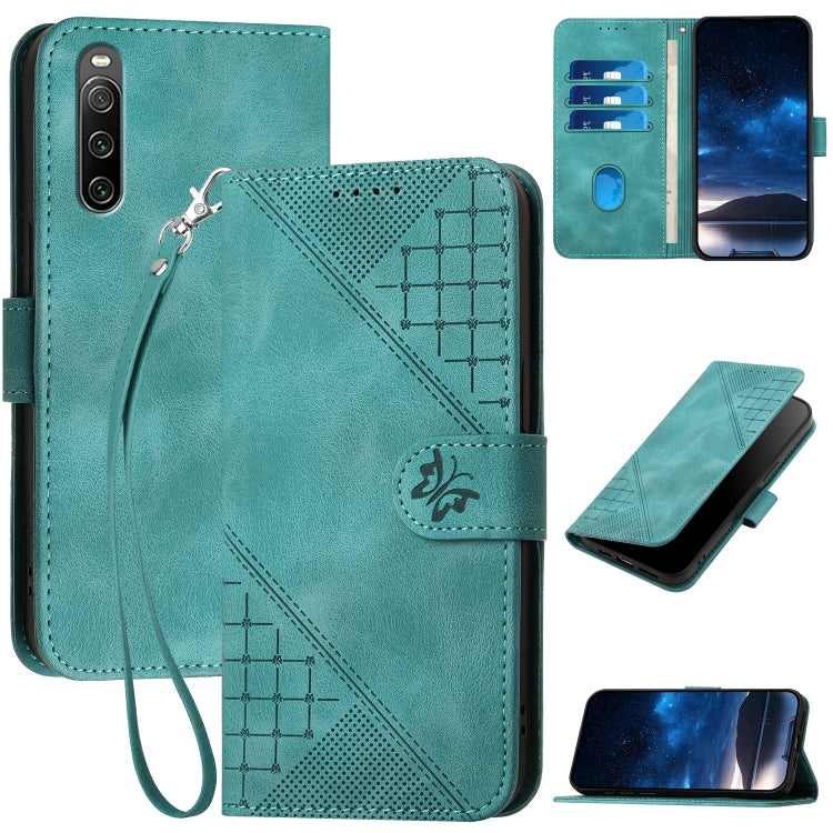 YX0080 Grid Butterfly Embossed Pattern Flip Leather Phone Case with Lanyard, For Sony Xperia Ace III, For Sony Xperia 1 IV, For Sony Xperia 10 IV, For Sony Xperia 5 III, For Sony Xperia 10 III