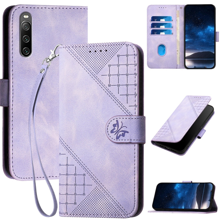 YX0080 Grid Butterfly Embossed Pattern Flip Leather Phone Case with Lanyard, For Sony Xperia Ace III, For Sony Xperia 1 IV, For Sony Xperia 10 IV, For Sony Xperia 5 III, For Sony Xperia 10 III