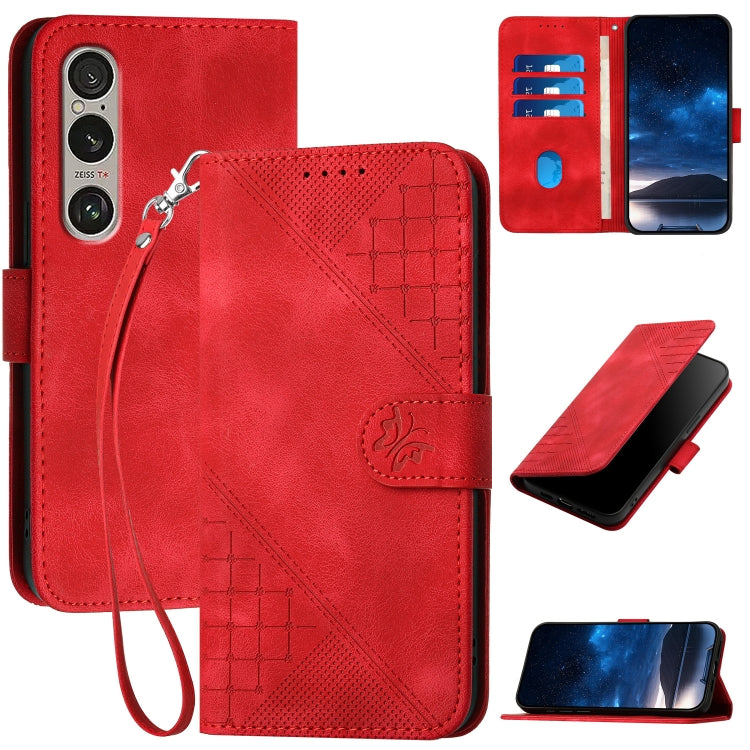 YX0080 Grid Butterfly Embossed Pattern Flip Leather Phone Case with Lanyard, For Sony Xperia 10 VI, For Sony Xperia 1 VI 2024, For Sony Xperia 1 V 2023, For Sony Xperia 10 V 2023, For Sony Xperia 5 IV