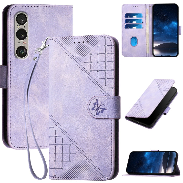 YX0080 Grid Butterfly Embossed Pattern Flip Leather Phone Case with Lanyard, For Sony Xperia 10 VI, For Sony Xperia 1 VI 2024, For Sony Xperia 1 V 2023, For Sony Xperia 10 V 2023, For Sony Xperia 5 IV