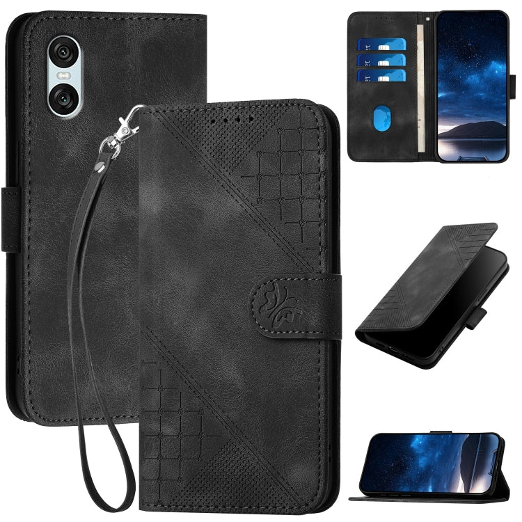 YX0080 Grid Butterfly Embossed Pattern Flip Leather Phone Case with Lanyard, For Sony Xperia 10 VI, For Sony Xperia 1 VI 2024, For Sony Xperia 1 V 2023, For Sony Xperia 10 V 2023, For Sony Xperia 5 IV