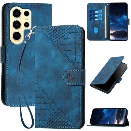 YX0080 Grid Butterfly Embossed Pattern Flip Leather Phone Case with Lanyard