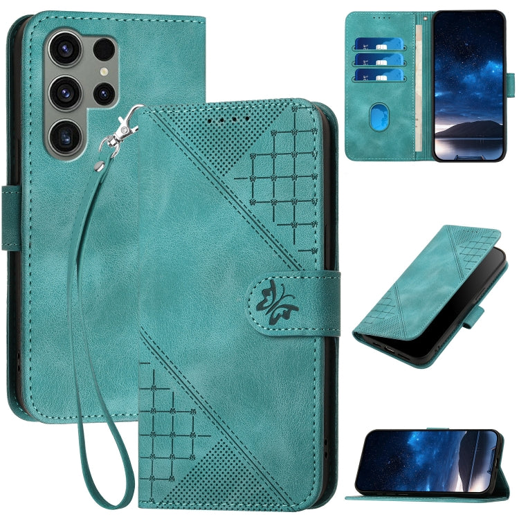 YX0080 Grid Butterfly Embossed Pattern Flip Leather Phone Case with Lanyard, For Samsung Galaxy M14, For Samsung Galaxy S23 Ultra 5G, For Samsung Galaxy S23+ 5G, For Samsung Galaxy S23 5G, For Samsung Galaxy M53 5G