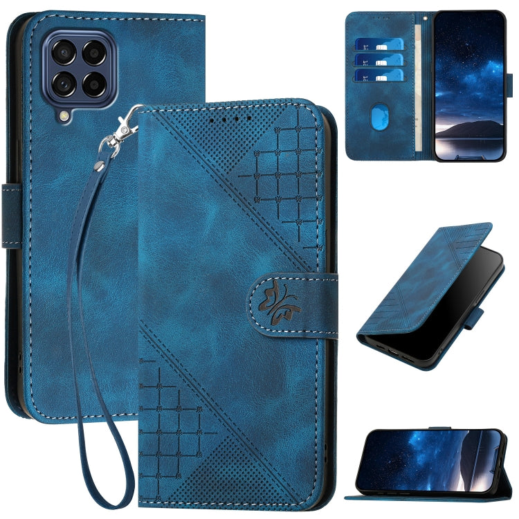 YX0080 Grid Butterfly Embossed Pattern Flip Leather Phone Case with Lanyard, For Samsung Galaxy S23+ 5G, For Samsung Galaxy S23 5G, For Samsung Galaxy M53 5G, For Samsung Galaxy M33 5G Global