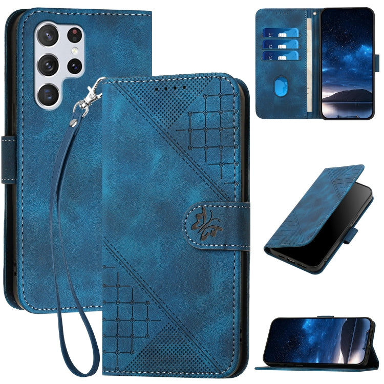 YX0080 Grid Butterfly Embossed Pattern Flip Leather Phone Case with Lanyard, For Samsung Galaxy M33 5G Global, For Samsung Galaxy S22 Ultra 5G, For Samsung Galaxy S22+ 5G, For Samsung Galaxy S22 5G, For Samsung Galaxy XCover 5