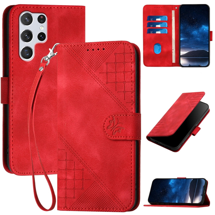 YX0080 Grid Butterfly Embossed Pattern Flip Leather Phone Case with Lanyard, For Samsung Galaxy S22 Ultra 5G, For Samsung Galaxy S22+ 5G, For Samsung Galaxy S22 5G, For Samsung Galaxy XCover 5