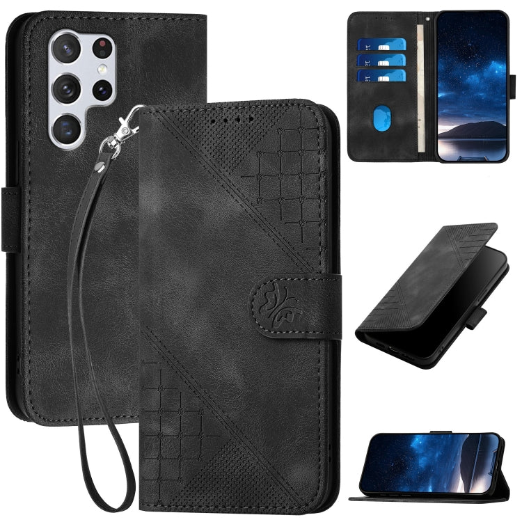 YX0080 Grid Butterfly Embossed Pattern Flip Leather Phone Case with Lanyard, For Samsung Galaxy S22 Ultra 5G, For Samsung Galaxy S22+ 5G, For Samsung Galaxy S22 5G, For Samsung Galaxy XCover 5