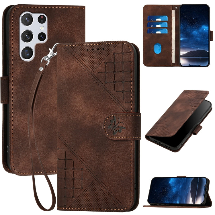 YX0080 Grid Butterfly Embossed Pattern Flip Leather Phone Case with Lanyard, For Samsung Galaxy S22 Ultra 5G, For Samsung Galaxy S22+ 5G, For Samsung Galaxy S22 5G, For Samsung Galaxy XCover 5