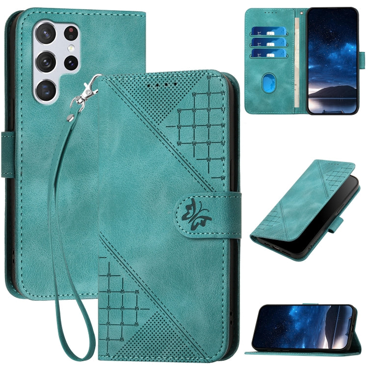 YX0080 Grid Butterfly Embossed Pattern Flip Leather Phone Case with Lanyard, For Samsung Galaxy S22 Ultra 5G, For Samsung Galaxy S22+ 5G, For Samsung Galaxy S22 5G, For Samsung Galaxy XCover 5