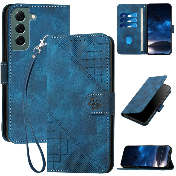 YX0080 Grid Butterfly Embossed Pattern Flip Leather Phone Case with Lanyard, For Samsung Galaxy S22 Ultra 5G, For Samsung Galaxy S22+ 5G, For Samsung Galaxy S22 5G, For Samsung Galaxy XCover 5
