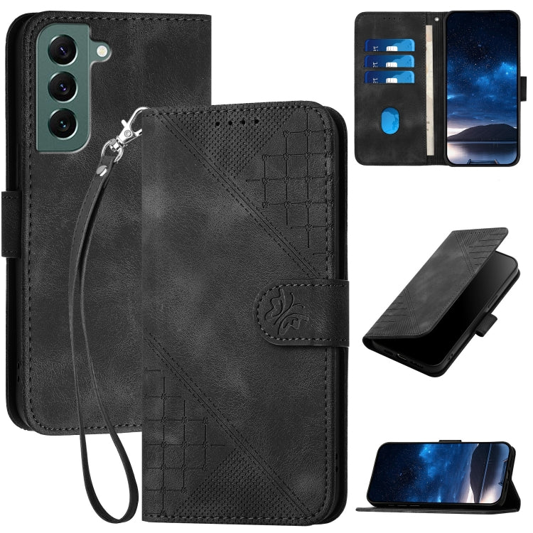 YX0080 Grid Butterfly Embossed Pattern Flip Leather Phone Case with Lanyard, For Samsung Galaxy S22 Ultra 5G, For Samsung Galaxy S22+ 5G, For Samsung Galaxy S22 5G, For Samsung Galaxy XCover 5