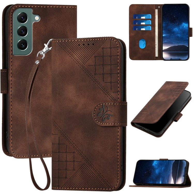 YX0080 Grid Butterfly Embossed Pattern Flip Leather Phone Case with Lanyard, For Samsung Galaxy S22 Ultra 5G, For Samsung Galaxy S22+ 5G, For Samsung Galaxy S22 5G, For Samsung Galaxy XCover 5