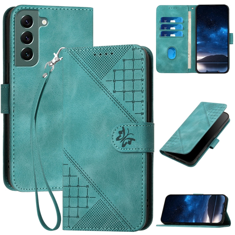 YX0080 Grid Butterfly Embossed Pattern Flip Leather Phone Case with Lanyard, For Samsung Galaxy S22 Ultra 5G, For Samsung Galaxy S22+ 5G, For Samsung Galaxy S22 5G, For Samsung Galaxy XCover 5
