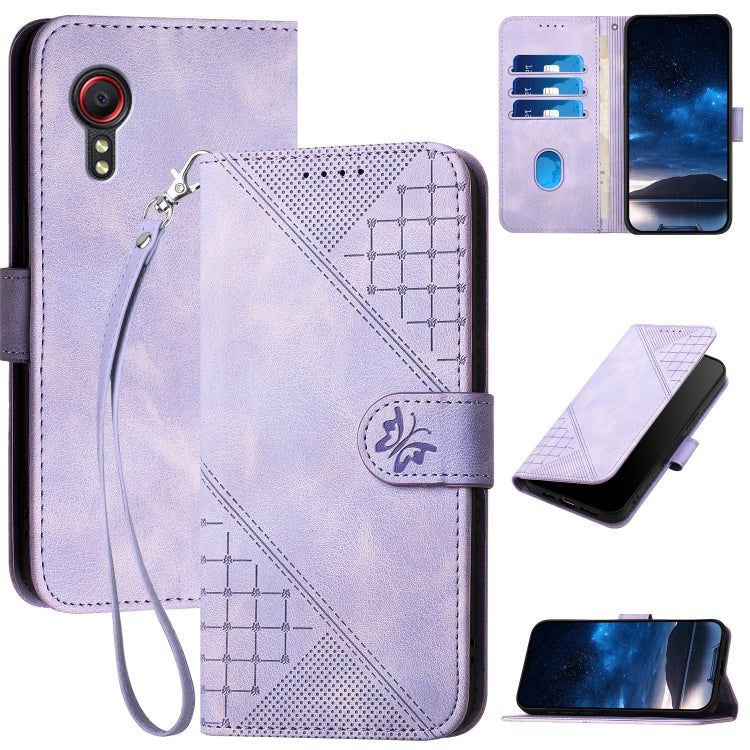 YX0080 Grid Butterfly Embossed Pattern Flip Leather Phone Case with Lanyard, For Samsung Galaxy S22 Ultra 5G, For Samsung Galaxy S22+ 5G, For Samsung Galaxy S22 5G, For Samsung Galaxy XCover 5