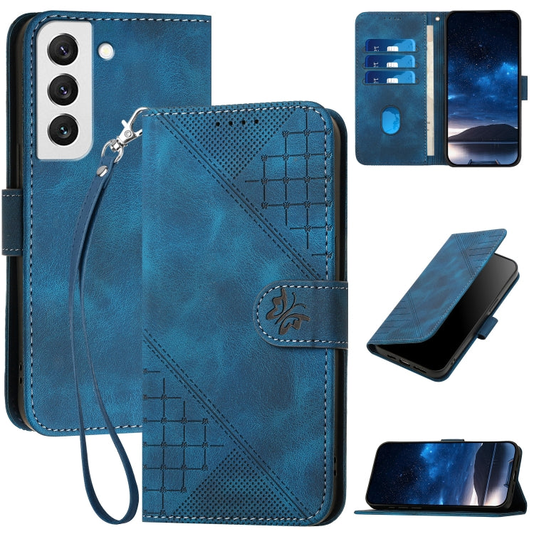 YX0080 Grid Butterfly Embossed Pattern Flip Leather Phone Case with Lanyard, For Samsung Galaxy S22 Ultra 5G, For Samsung Galaxy S22+ 5G, For Samsung Galaxy S22 5G, For Samsung Galaxy XCover 5