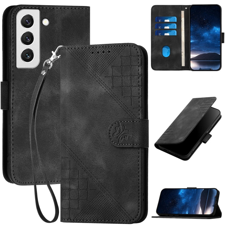 YX0080 Grid Butterfly Embossed Pattern Flip Leather Phone Case with Lanyard, For Samsung Galaxy S22 Ultra 5G, For Samsung Galaxy S22+ 5G, For Samsung Galaxy S22 5G, For Samsung Galaxy XCover 5