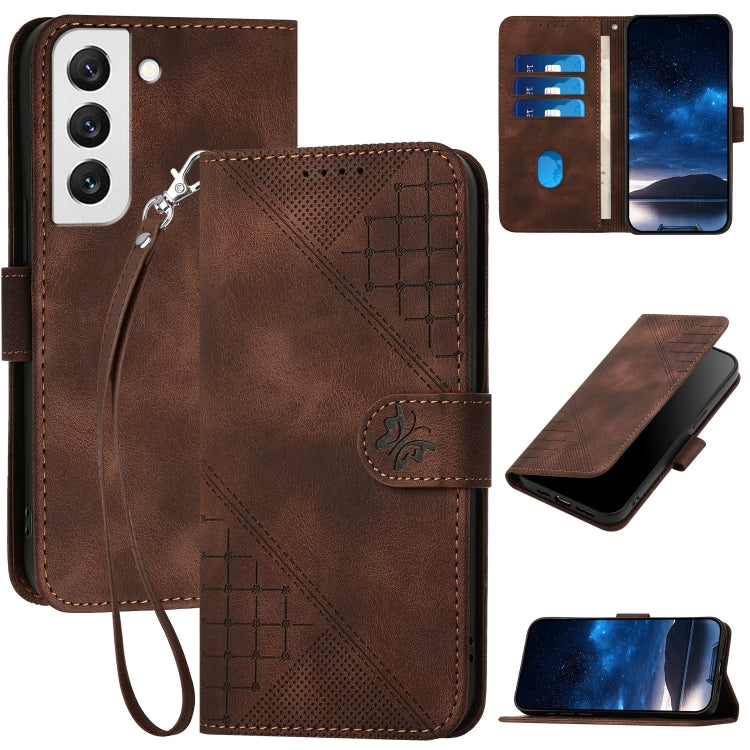 YX0080 Grid Butterfly Embossed Pattern Flip Leather Phone Case with Lanyard, For Samsung Galaxy S22 Ultra 5G, For Samsung Galaxy S22+ 5G, For Samsung Galaxy S22 5G, For Samsung Galaxy XCover 5