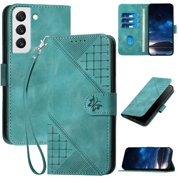 YX0080 Grid Butterfly Embossed Pattern Flip Leather Phone Case with Lanyard, For Samsung Galaxy S22 Ultra 5G, For Samsung Galaxy S22+ 5G, For Samsung Galaxy S22 5G, For Samsung Galaxy XCover 5