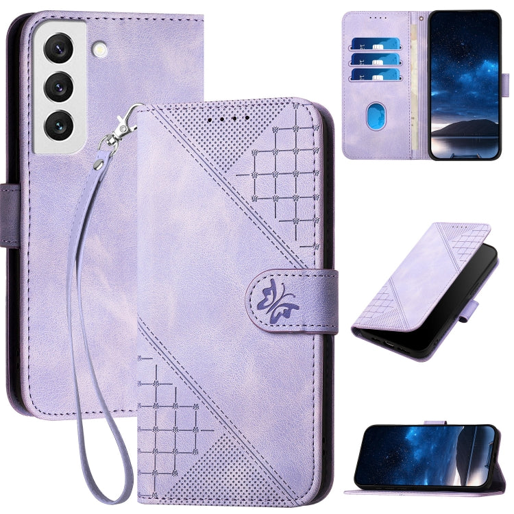 YX0080 Grid Butterfly Embossed Pattern Flip Leather Phone Case with Lanyard, For Samsung Galaxy S22 Ultra 5G, For Samsung Galaxy S22+ 5G, For Samsung Galaxy S22 5G, For Samsung Galaxy XCover 5