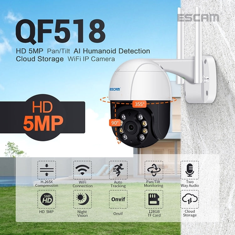 ESCAM QF518 5MP Smart WiFi IP Camera, Support AI Humanoid Detection / Auto Tracking / Dual Light Night Vision / Cloud Storage / Two Way Audio / TF Card, EU Plug, US Plug, UK Plug, AU Plug