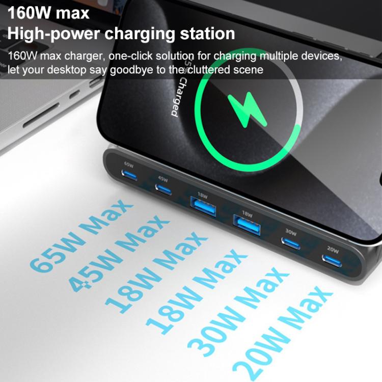 160W 4 x Type-C + 2 x USB Multi Ports Charger Support QI Wireless Charging, 160W