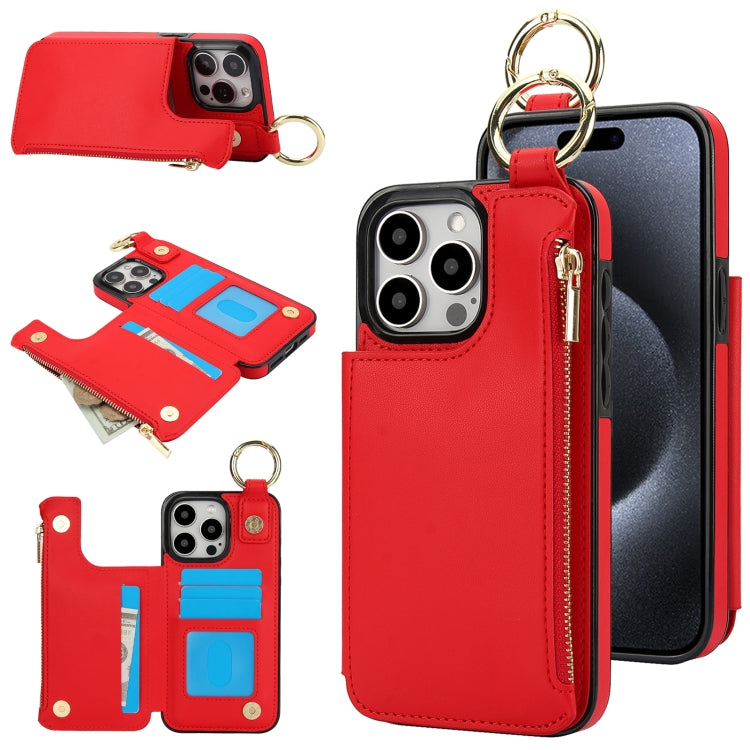 RFlD Anti-theft Double Buckle Ring Zipper Card Phone Case, For iPhone 15 Pro Max, For iPhone 15 Pro, For iPhone 15 Plus, For iPhone 15