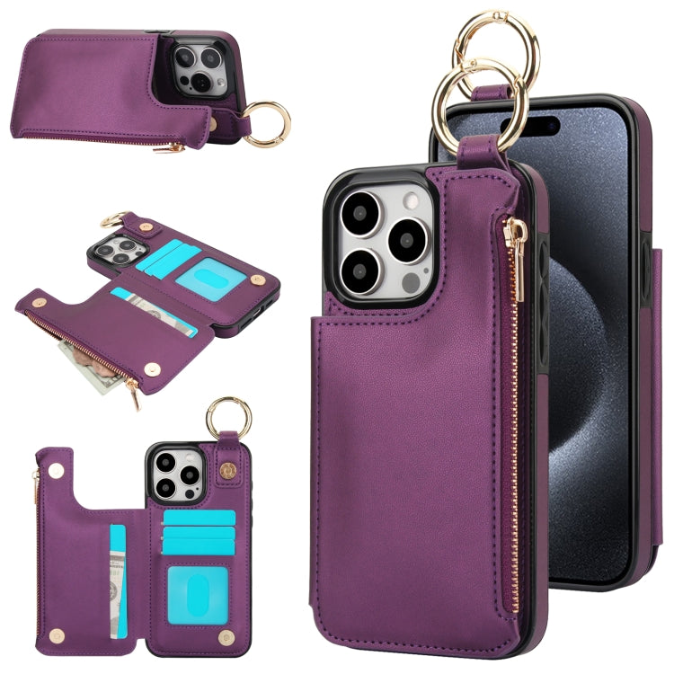 RFlD Anti-theft Double Buckle Ring Zipper Card Phone Case, For iPhone 15 Pro Max, For iPhone 15 Pro, For iPhone 15 Plus, For iPhone 15