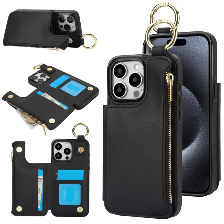 RFlD Anti-theft Double Buckle Ring Zipper Card Phone Case, For iPhone 15 Pro Max, For iPhone 15 Pro, For iPhone 15 Plus, For iPhone 15